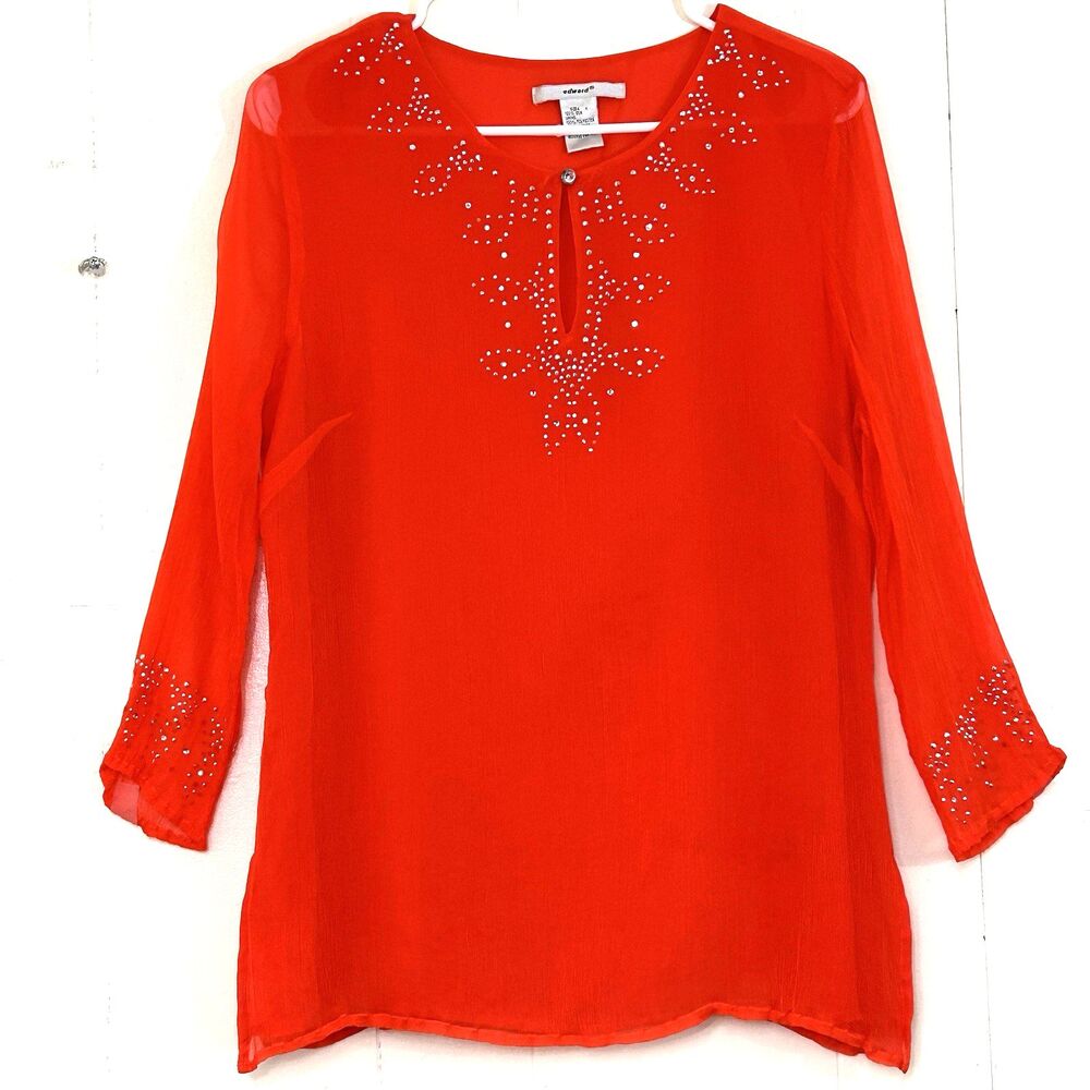 Edward Bright Orange 100% Silk Blouse Top Size L Sequined Keyhole Neckline Top